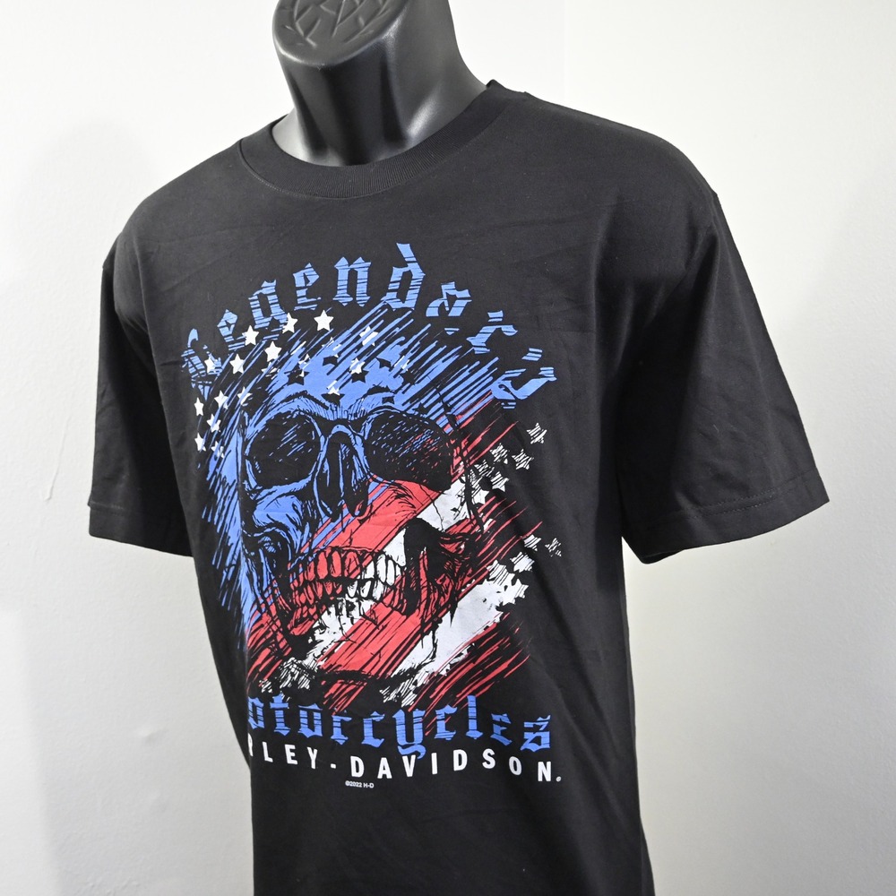 Harley-Davidson T-Shirt Mens L Regular‎ Black Skull Flag Graphic USA MADE